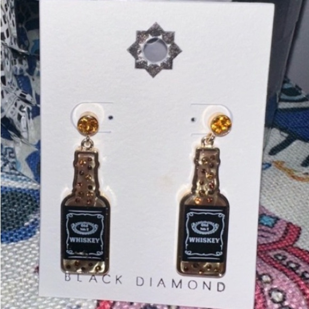 Whiskey Bottle Earrings with Black and Gold Accents